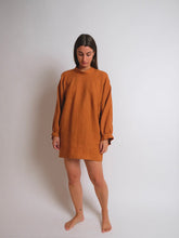Load image into Gallery viewer, Lady wears a Zero Waste Dress, thigh length, with high neck, long sleeves