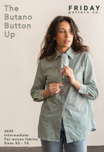 Load image into Gallery viewer, Friday Pattern Company's Butano Button Up Sewing Pattern Packaging, Front