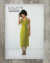 Load image into Gallery viewer, True Bias' Calvin Wrap Dress and Top sewing Pattern packaging, displaying lady wearing wrap dress with waist tie