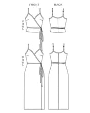 Load image into Gallery viewer, Line Drawings of True Bias' Calvin Wrap Dress and Top versions, front and back views