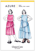 Load image into Gallery viewer, Closet Core Azure Sewing Pattern Envelope Front, shows illustarions of models wearing the Azure Top, Skirt, and Dress