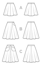 Load image into Gallery viewer, Technical line drawings of Fiore Skirt and its options