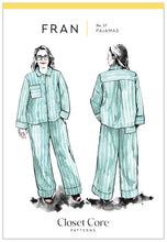 Load image into Gallery viewer, Closets Core Patterns Fran Pajamas packaging carton with illustration of lady wearing pyjama set front and back view