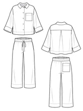 Load image into Gallery viewer, Technical line drawings, front and back views of Fran Pajama Top and Trousers