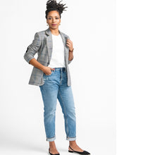 Load image into Gallery viewer, Lady wears an open Jasika Blazer with sleeves ruched up arm