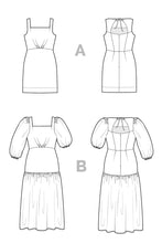 Load image into Gallery viewer, Closet Core Pauline Dress Sewing Pattern line drawings, front and back views in two dress options