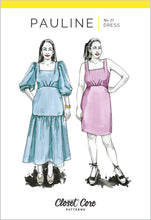 Load image into Gallery viewer, Closet Core Patterns Pauline Dress packaging front, with drawn illustrations of the 2 options of the dress