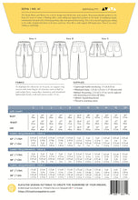 Load image into Gallery viewer, Closet Core Sepia Pants and Shorts Sewing Pattern Envelope Back, displays line drawings and measurements charts