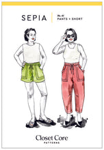 Load image into Gallery viewer, Closet Core Sepia Pants and Shorts Sewing Pattern Envelope Front shows illustrations of models wearing the Sepia Pants and Shorts