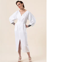 Load image into Gallery viewer, Lady wears the Jo Dress, V-neck bodice with croissant shaped sleeves