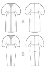 Load image into Gallery viewer, Technical Line drawings front and back views of both Jo Dress and Jo Jumpsuit versions