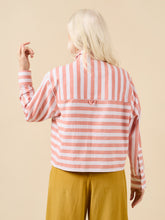 Load image into Gallery viewer, Back view of lady wearing cropped shirt, back yoke and short in opposite directional stripes, with hanging loop in centre of yoke seam

