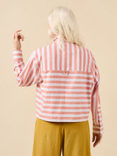 Load image into Gallery viewer, Back view of lady wearing cropped shirt, back yoke and short in opposite directional stripes, with hanging loop in centre of yoke seam