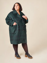 Load image into Gallery viewer, Model wears the Phoebe Coat, an double breasted coat with oversized patch pockets