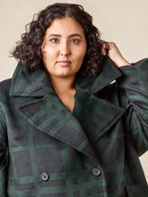 Load image into Gallery viewer, Close up detail of fastened up Phoebe Coat and its dramatic notched collar