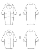Load image into Gallery viewer, Closet Core's Phoebe Coat line drawings, in 2 lengths, and pocket options, front and back views