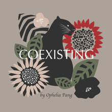 Load image into Gallery viewer, "Coexisting" typeface lays over large silhouette images of a Panther surrounded by flowers and leaves