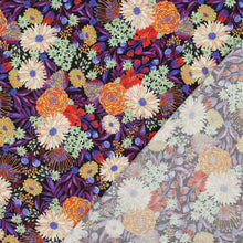 Load image into Gallery viewer, Eco Viscose fabric with a vibrant floral print displayed with reverse, faint print, side of fabric lain atop