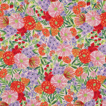 Load image into Gallery viewer, Viscose fabric with a densely packed, vibrant floral pattern with a hand-drawn aesthetic