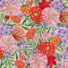 Load image into Gallery viewer, Zoomed in detail of viscose fabric with a densely packed, vibrant floral pattern with a hand-drawn aesthetic