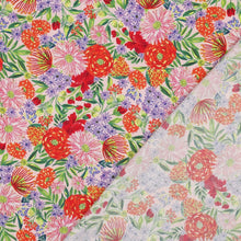 Load image into Gallery viewer, Viscose fabric with vibrant, floral print, shown with faint reverse side of fabric lain on top
