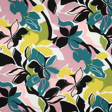 Load image into Gallery viewer, Eco Viscose Fabric shown flat, with a large-scale floral pattern of stylised flowers and leaves