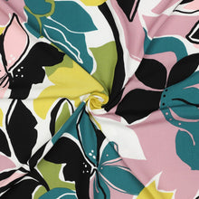 Load image into Gallery viewer, Eco Viscose Fabric with a large-scale floral pattern, displayed with central swirl to show soft drape