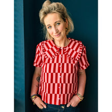 Load image into Gallery viewer, Model wears a frilly collar blouse, made with Stripes Eco Viscose Fabric