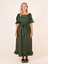 Load image into Gallery viewer, Lady wears Estella Dress with puff sleeves and frill ankle hem, tie at waist