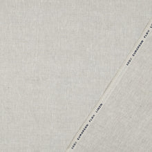 Load image into Gallery viewer, European Flax Linen Fabric displayed with selvedge with text woven "100% European Flax Linen"