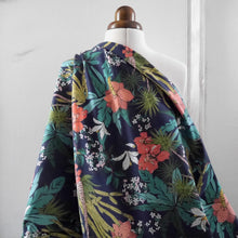 Load image into Gallery viewer, Cotton lawn fabric with tropical floral pattern draped on mannequin