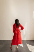 Load image into Gallery viewer, Back view of lady wearing the Saturday Skirt Set wrap top and midi skirt