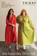 Load image into Gallery viewer, Friday Pattern Co. Sewing pattern Envelope Front shows two ladies wearing the Saturday Skirt Set in different colours from each other.