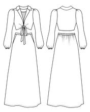 Load image into Gallery viewer, Line drawings of the Saturday Skirt set, wrap top and midi skirt, front and back drawings