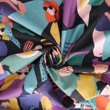 Load image into Gallery viewer, Cotton Lawn fabric displayed with central swirl, with illustrated print of stylised women amongst geometric shapes in the background