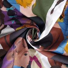 Load image into Gallery viewer, Cotton Lawn fabric, displayed with central swirl, with illustration of women with various hairstyles and colours.