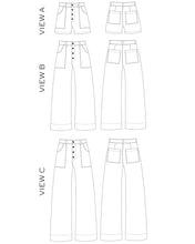 Load image into Gallery viewer, True Bias' Lander Pant & Short Line Drawings, front and back view with different length options
