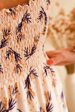 Load image into Gallery viewer, Close up of shirring detail on dress back, made up in Mimosa viscose fabric
