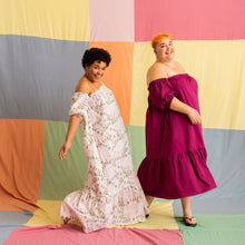 Load image into Gallery viewer, Two ladies mid walk wear off the shoulder long dresses with hem ruffle