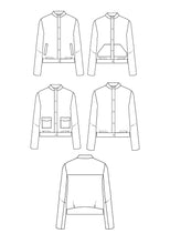 Load image into Gallery viewer, Line Drawings of the Dandelion Jacket, views with 3 pocket variations, no pocket, and back view