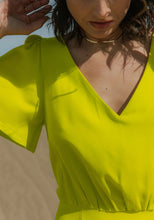 Load image into Gallery viewer, Close-up of V-neck on a short-sleeve dress with elasticated waist