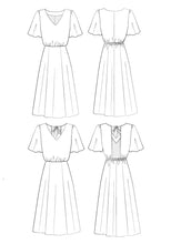 Load image into Gallery viewer, Line drawings of the Cuba Libre dress, front and back views, with both a closed or open back options