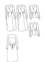 Load image into Gallery viewer, Line Drawings of front and back views, dress and blouse options of the Soho Sewing Pattern