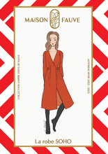 Load image into Gallery viewer, Maison Fauve Soho Dress Sewing Pattern Packaging box cover features an illustration of lady wearing a wrap dress