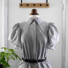 Load image into Gallery viewer, Collared shirt with short flutter sleeves made with Organic Cotton Voile fabric displayed on mannequin