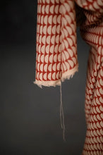 Load image into Gallery viewer, Close up of geometric pattern handblock, organic cotton fabric hangs