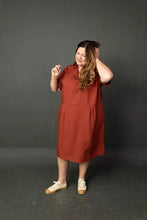 Load image into Gallery viewer, Model wears Factory dress, open-collared, short-sleeved with skirt at low waist seam
