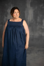 Load image into Gallery viewer, Front view of model wearing a sleeveless dress, square neckline, gathered dress from above bust seam