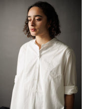 Load image into Gallery viewer, Lady wears a shirt with bib front and grandad collar