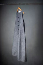 Load image into Gallery viewer, Sleeveless version of Trapeze dress hangs on a hanger, with buttons down the centre-back opening